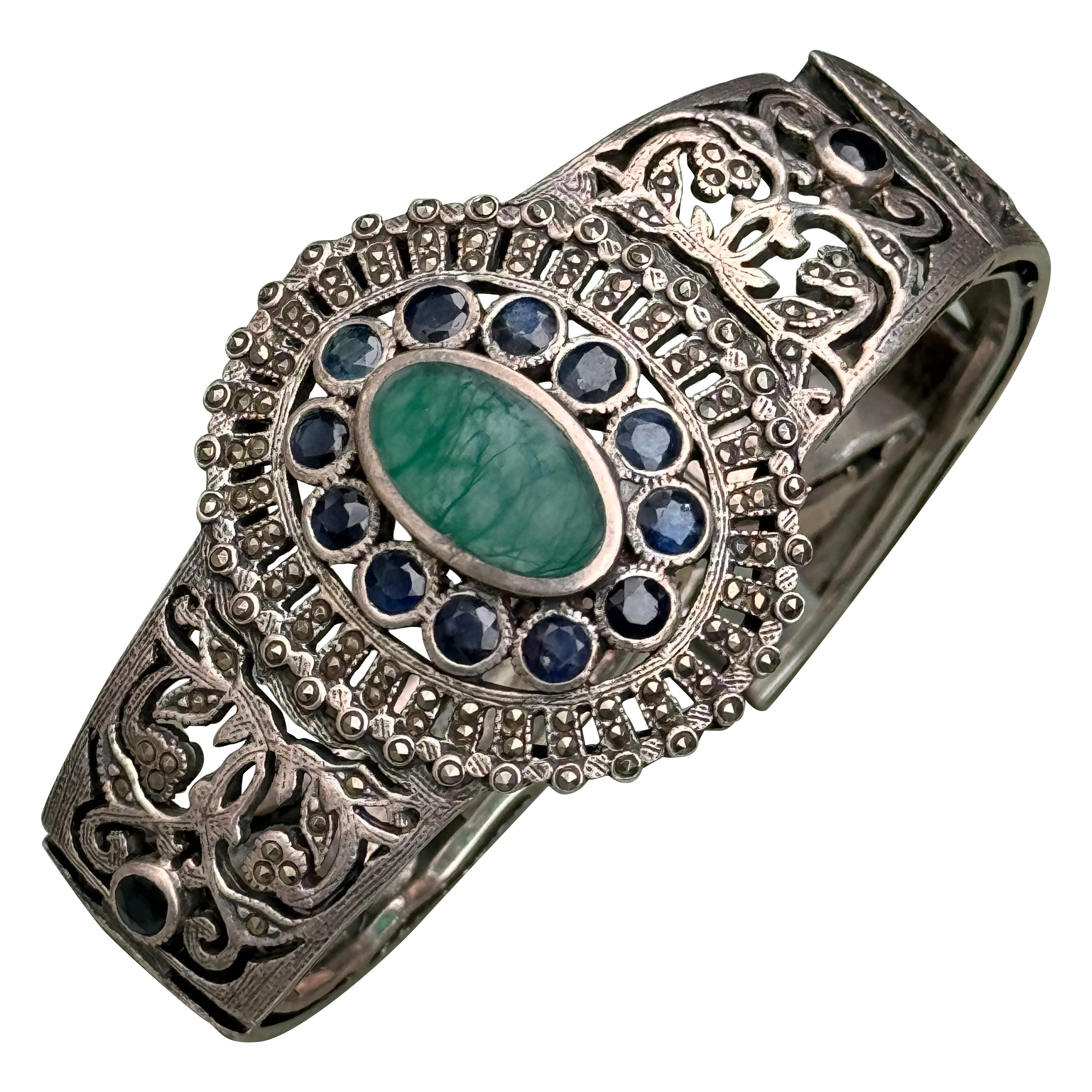 Art Deco Sterling silver Sapphire Marcasite Bracelet bangle