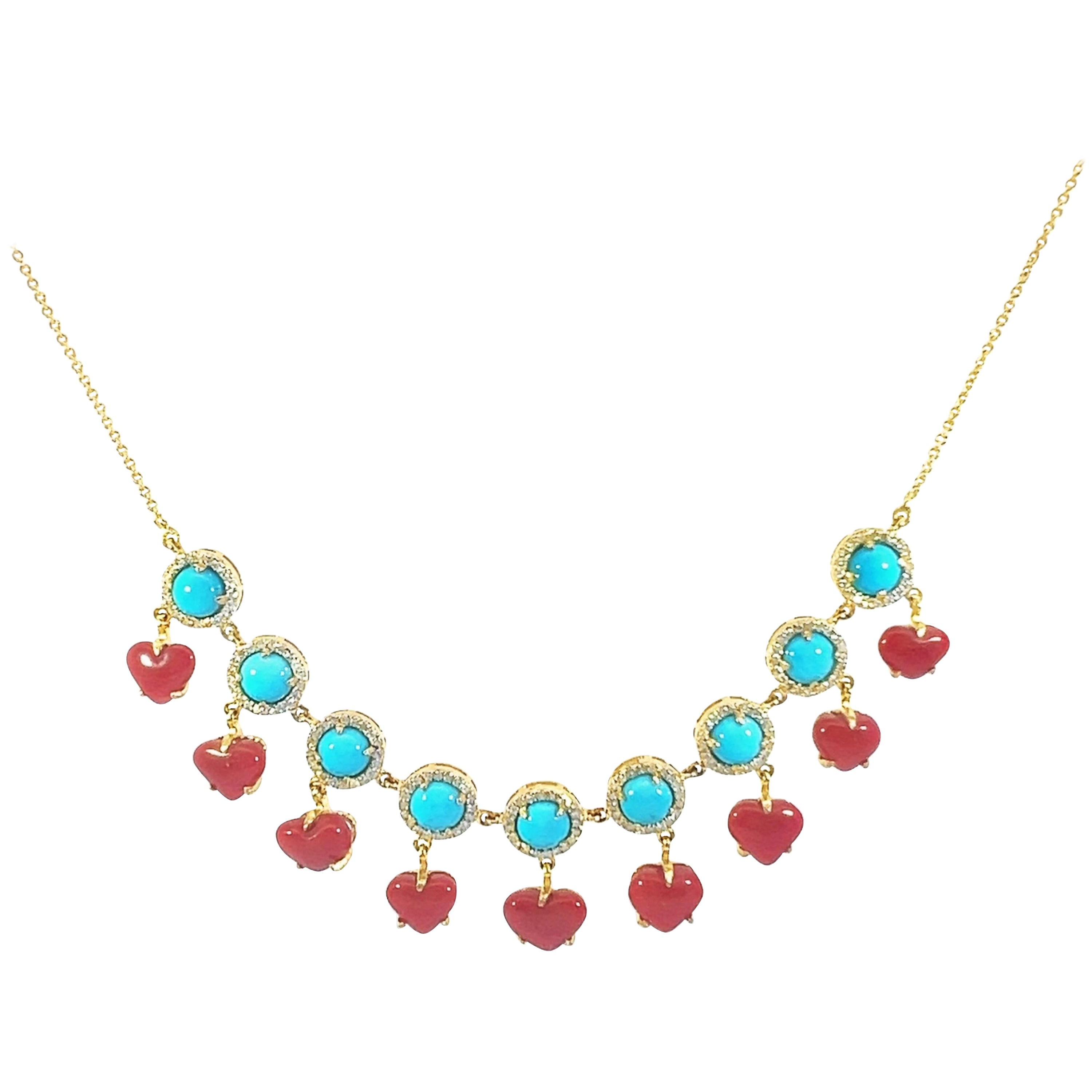 Natural Coral and turquoise necklace with diamond with 18Kt gold For Sale