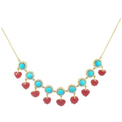 Natural Coral and turquoise necklace with diamond with 18Kt gold