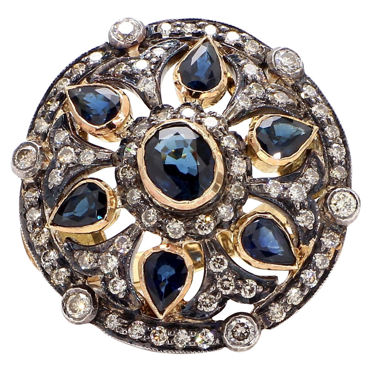 2.57 Carat Blue Sapphire and Diamond Gold Ring For Sale