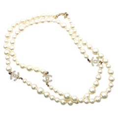 Used Chanel Classic 3 Gold CC Crystal Long Pearl Necklace 