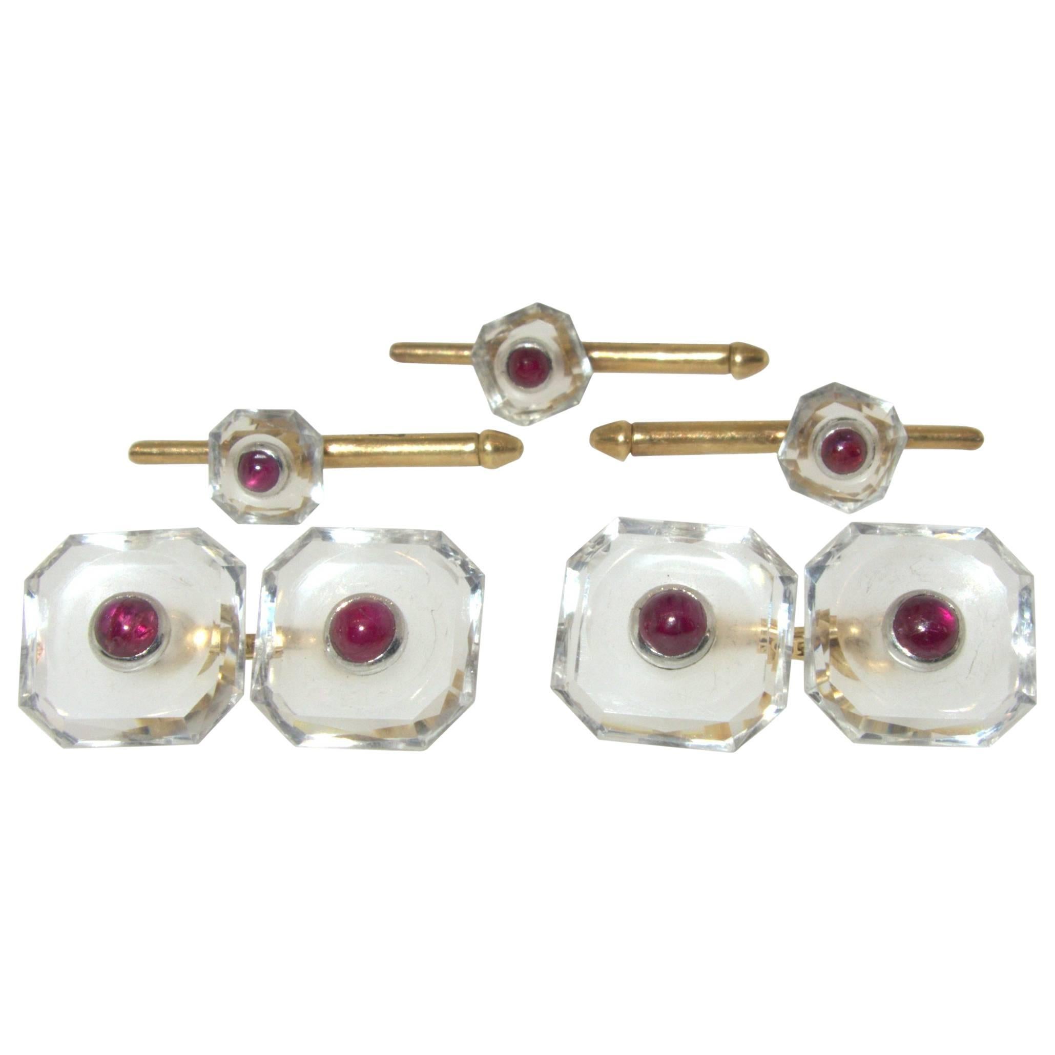 1930s Tiffany & Co. Ruby Rock Crystal Gold Cuff and Stud Set