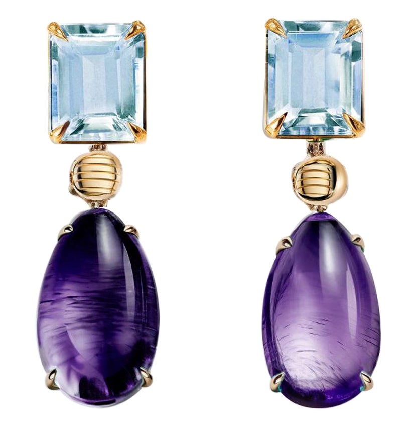 Eighteen Karat Yellow Gold Stud Drop Earrings with Amethysts and Topazes
