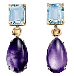 Boucles d'oreilles pendantes en or jaune 18 carats avec améthystes et topazes