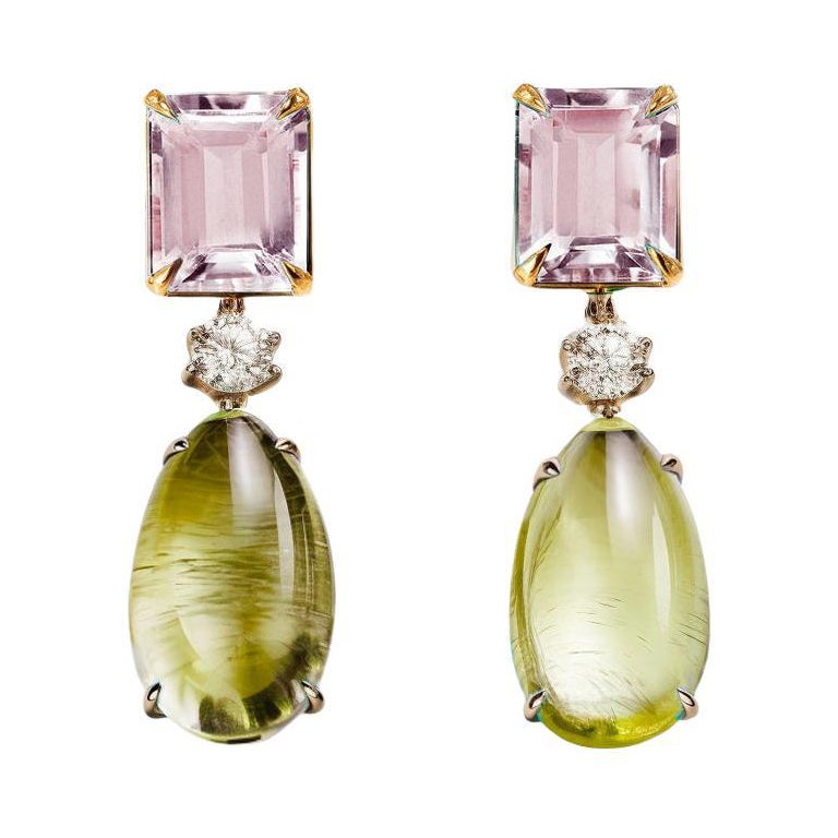 Yellow Gold Stud Drop Earrings with Sapphires and Rose Quartzes For Sale