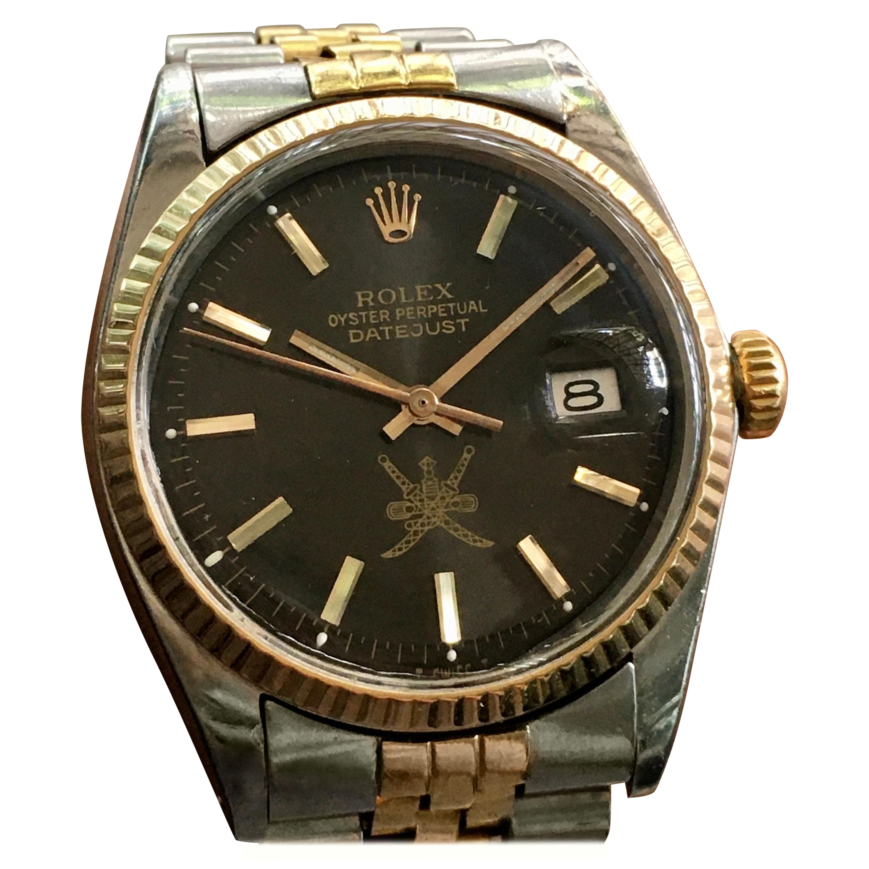 1974 Gent's Rolex Date Just Khanjar Black خنجر Dial 18K Two Tone Watch Ref 1603 For Sale