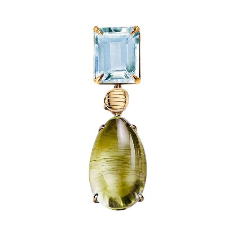 Eighteen Karat Yellow Gold Drop Pendant Necklace with Cabochon Peridot and Topaz