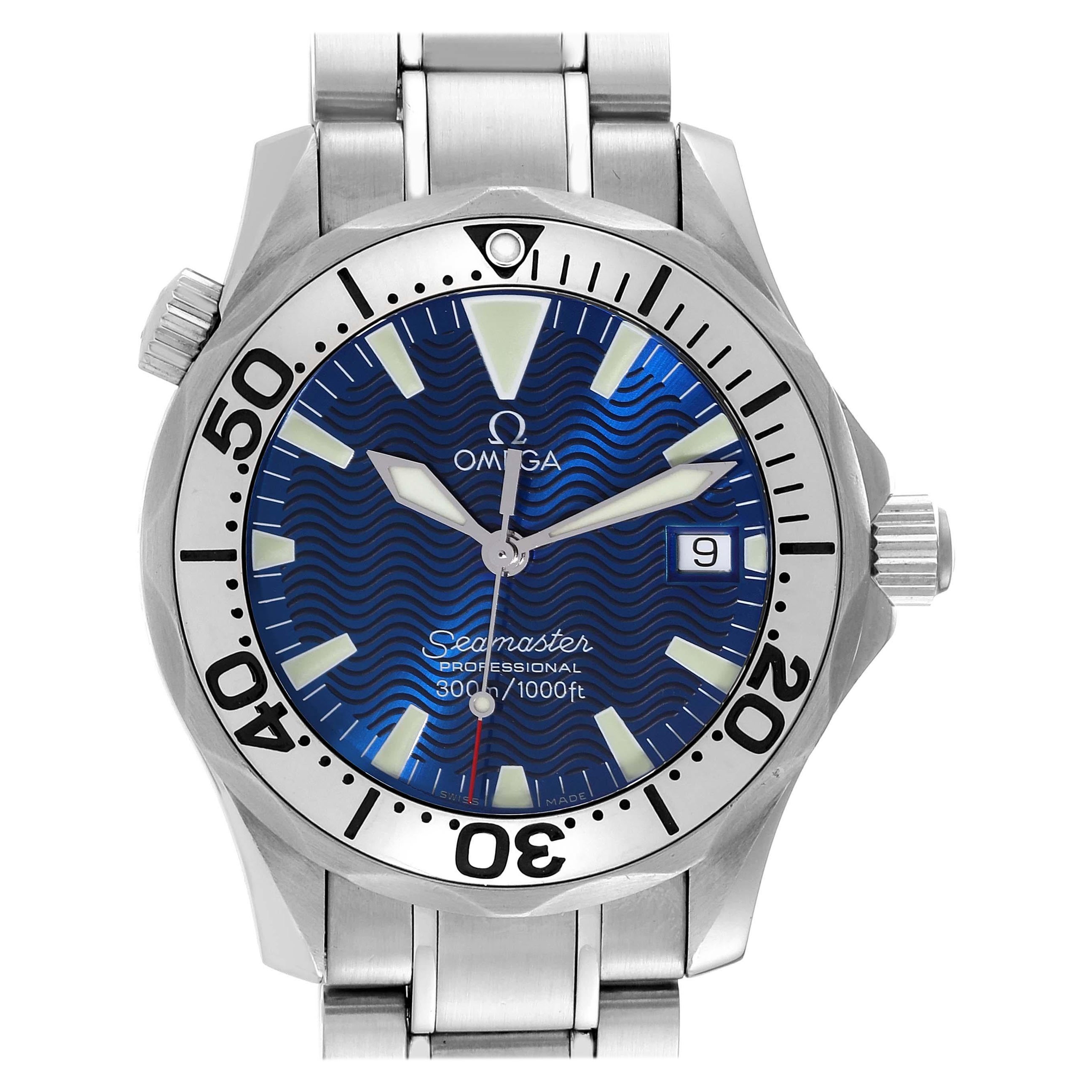 Omega Seamaster Electric Blue Wave Dial Midsize Steel Mens Watch 2263.80.00 For Sale