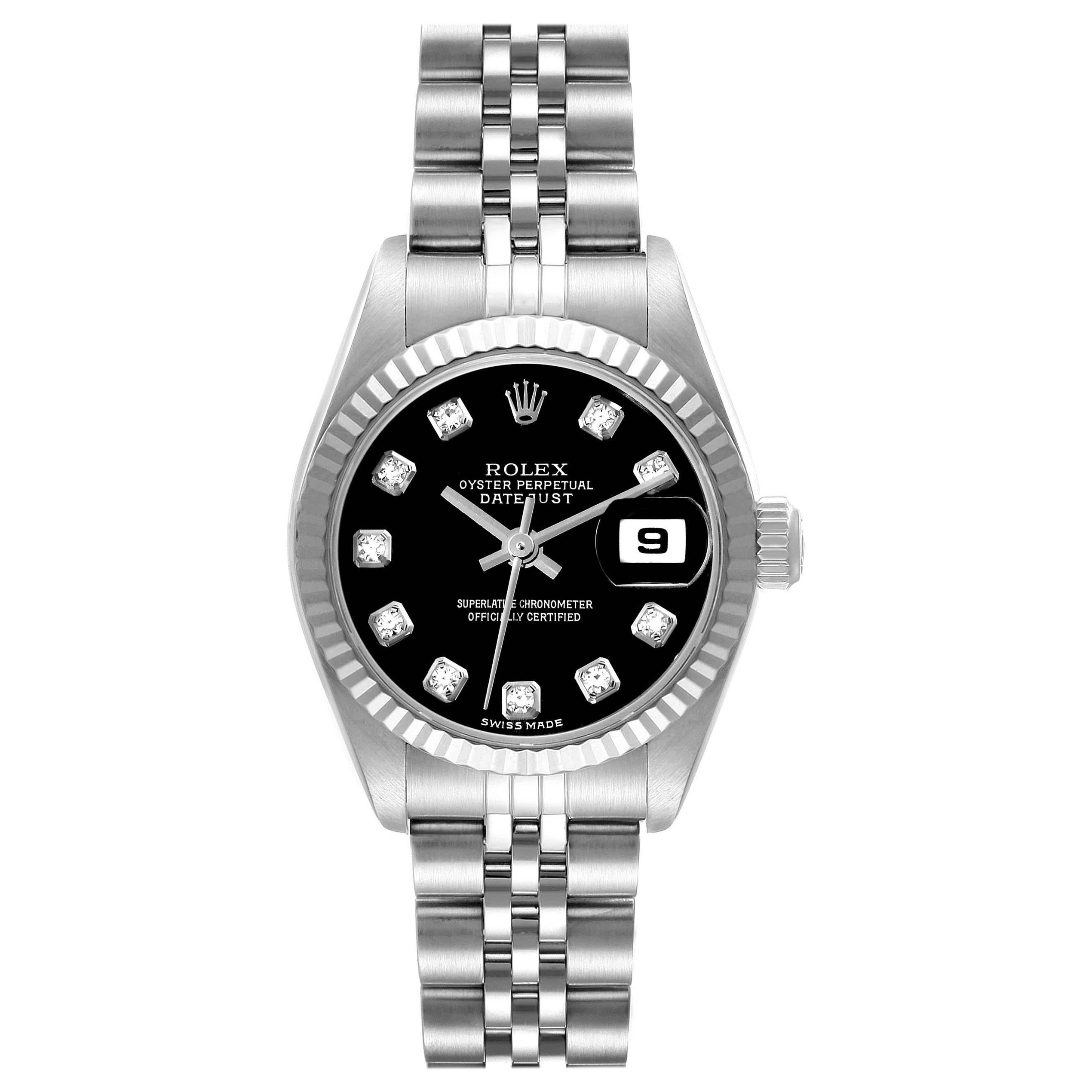 Rolex Datejust Black Diamond Dial White Gold Steel Ladies Watch 79174 Box Papers