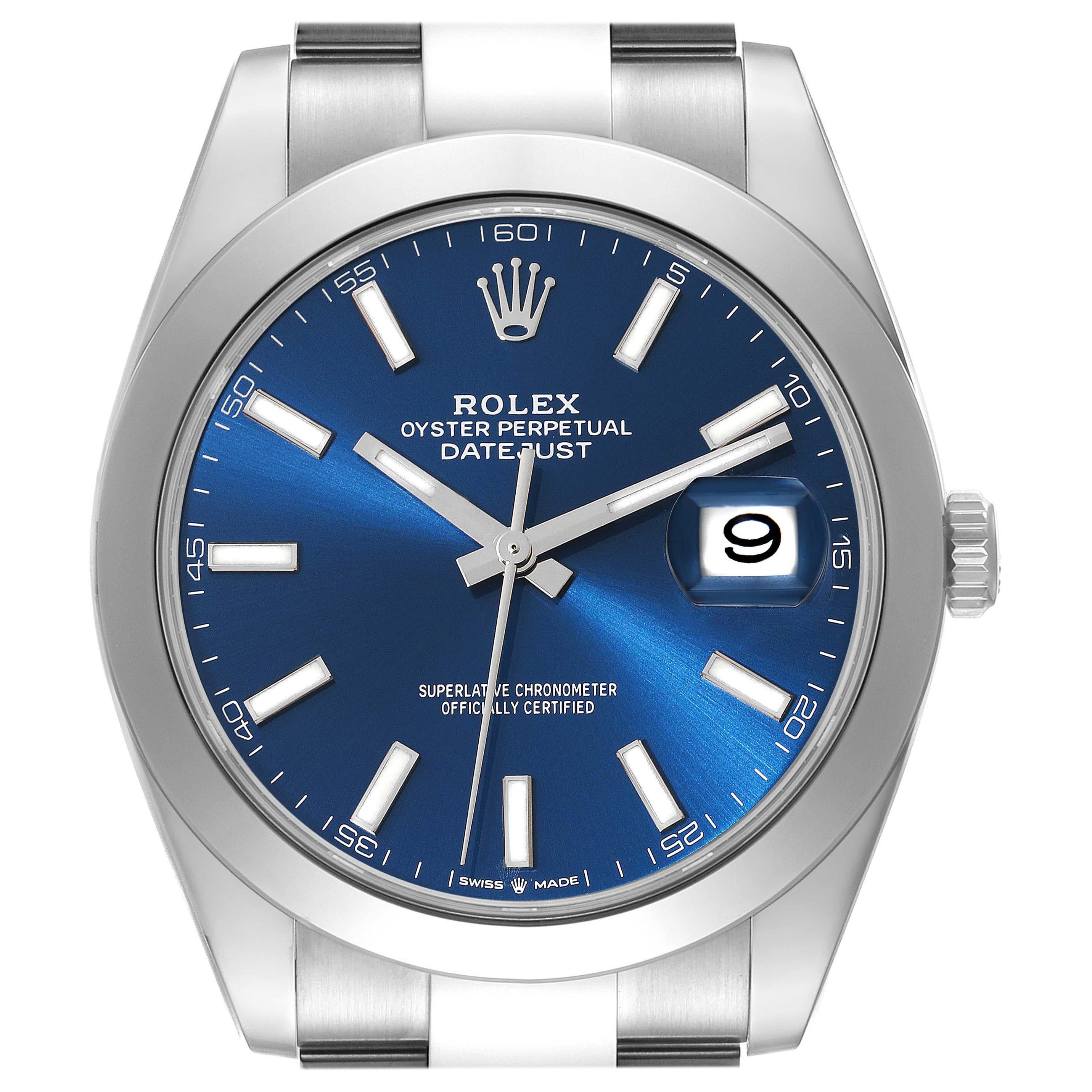 Rolex Datejust 41 Blue Dial Smooth Bezel Steel Mens Watch 126300 For Sale