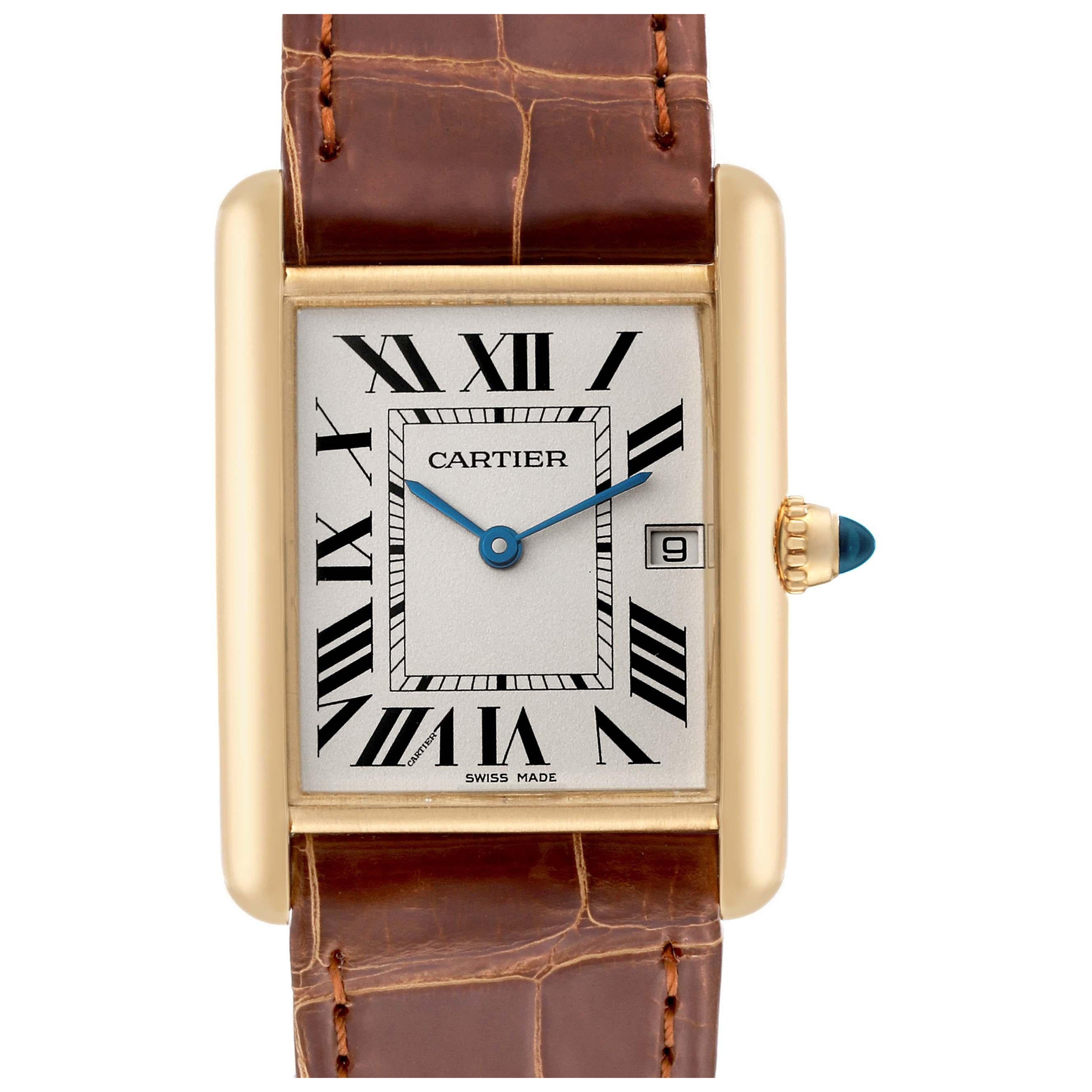 Cartier Tank Louis Yellow Gold Brown Leather Strap Mens Watch W1529756 Card For Sale