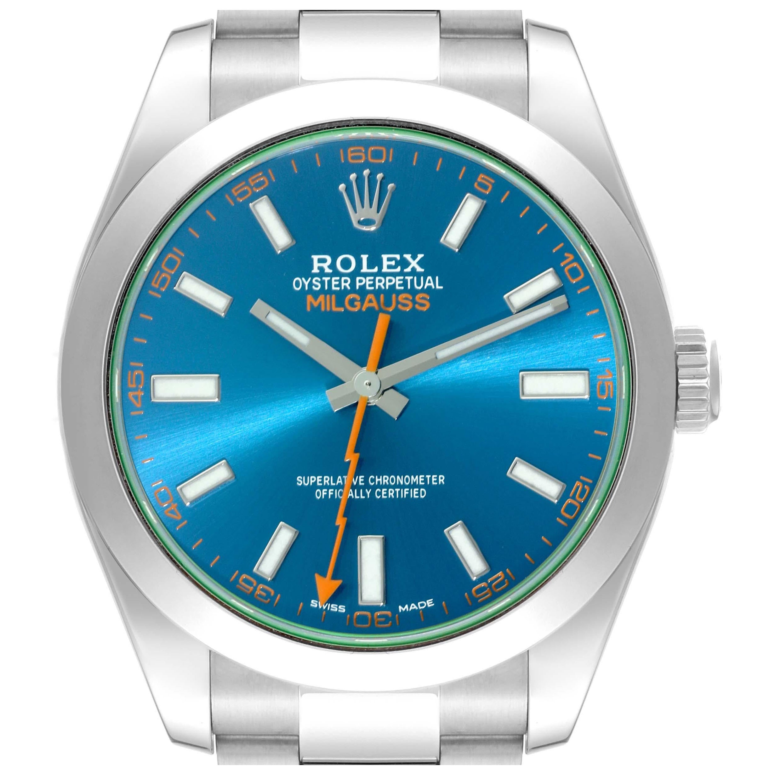 Rolex Milgauss Blue Dial Green Crystal Steel Mens Watch 116400GV Box Card For Sale