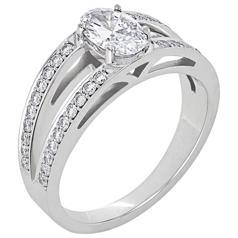 White Gold Oval White Diamond Pave Set Brilliant Tapered Band Engagement Ring For Sale