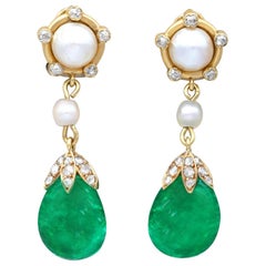 Colombian Emerald, Saltwater Pearl and Diamond 18k Yellow Gold Drop Earrings