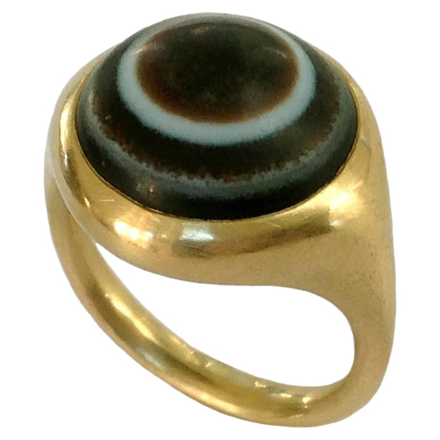 Dalben Unisex Round Banded Agate Gold Ring