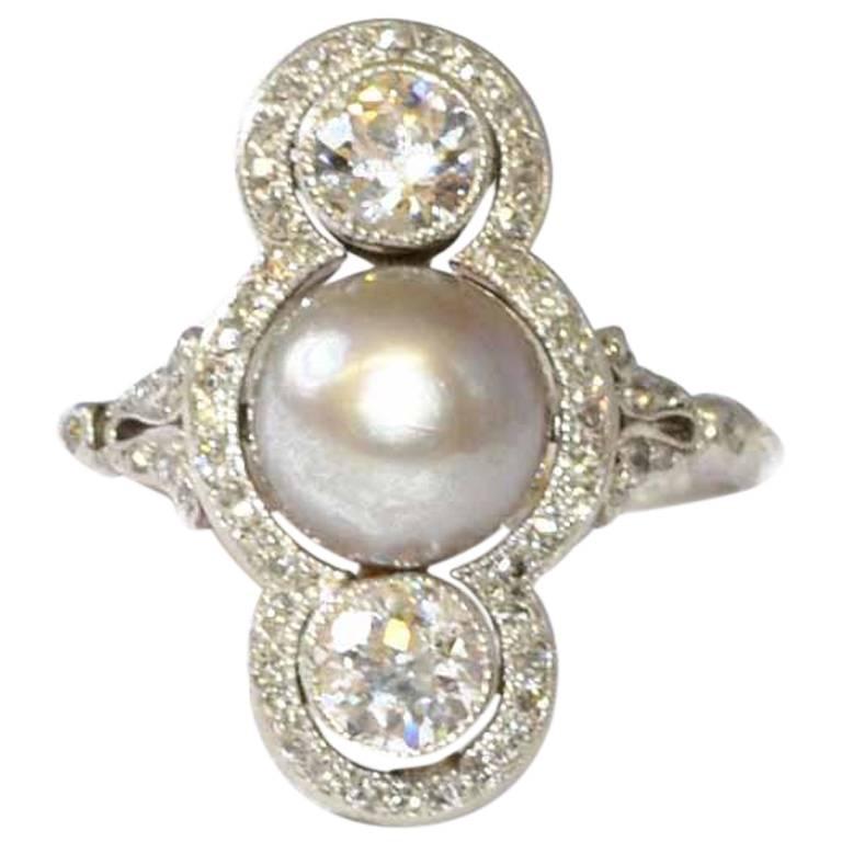 Edwardian Silver Pearl Diamond Platinum Ring