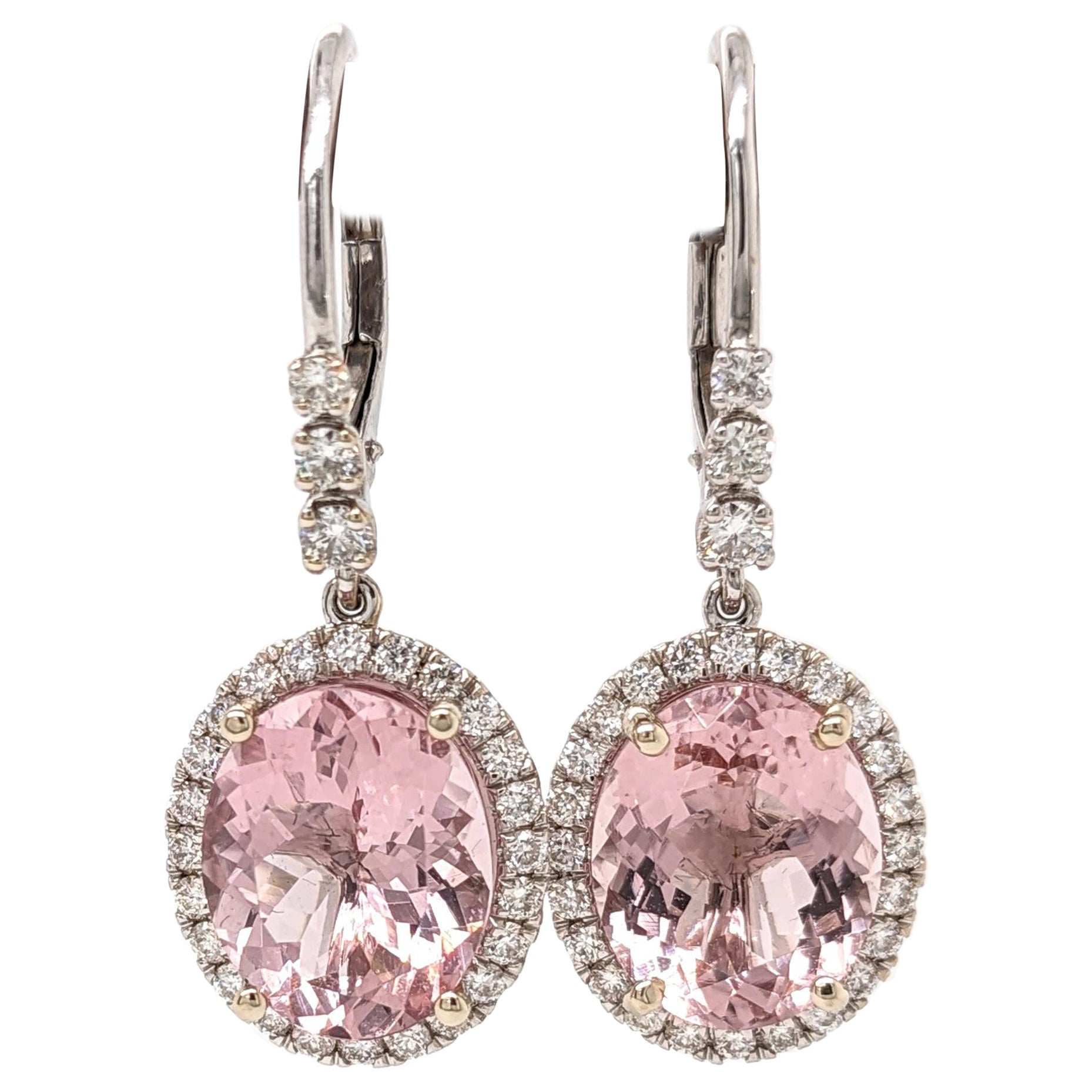 Morganite Drop Earrings w Earth Mined Diamonds in Solid 14K Gold Oval 11x9mm For Sale