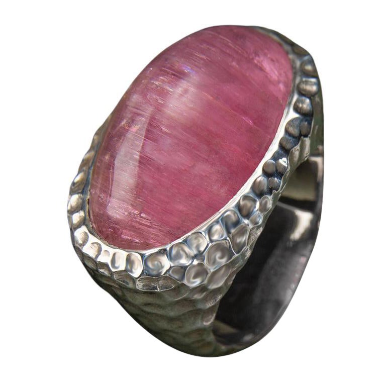 Large Cat's Eye Effect Rubellite Silver Ring Pink Tourmaline statement ring gift For Sale