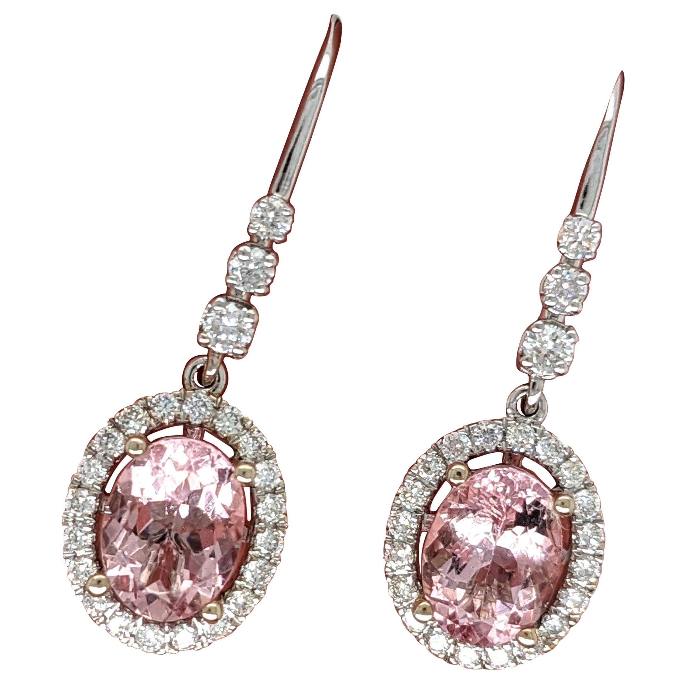 Morganite Drop Earrings w Earth Mined Diamonds in Solid 14K Gold Oval 8x6 For Sale