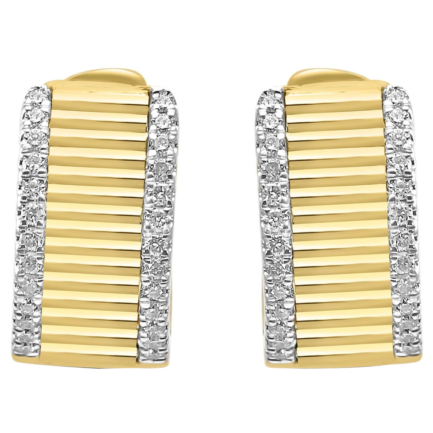 Pendientes colgantes Huggie Hoops de oro amarillo de 14 quilates con diamantes blancos redondos