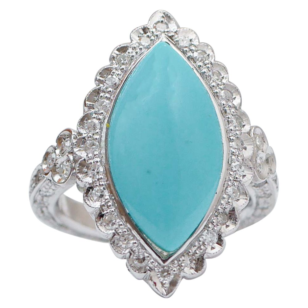 Turquoise, Diamonds, Platinum Retrò Ring. For Sale