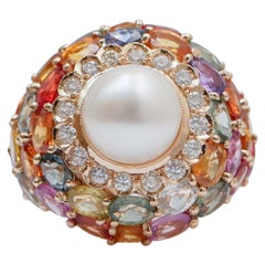 Retro White Pearl, Multicolor Sapphires, Diamonds, 14 Karat Rose Gold Ring.