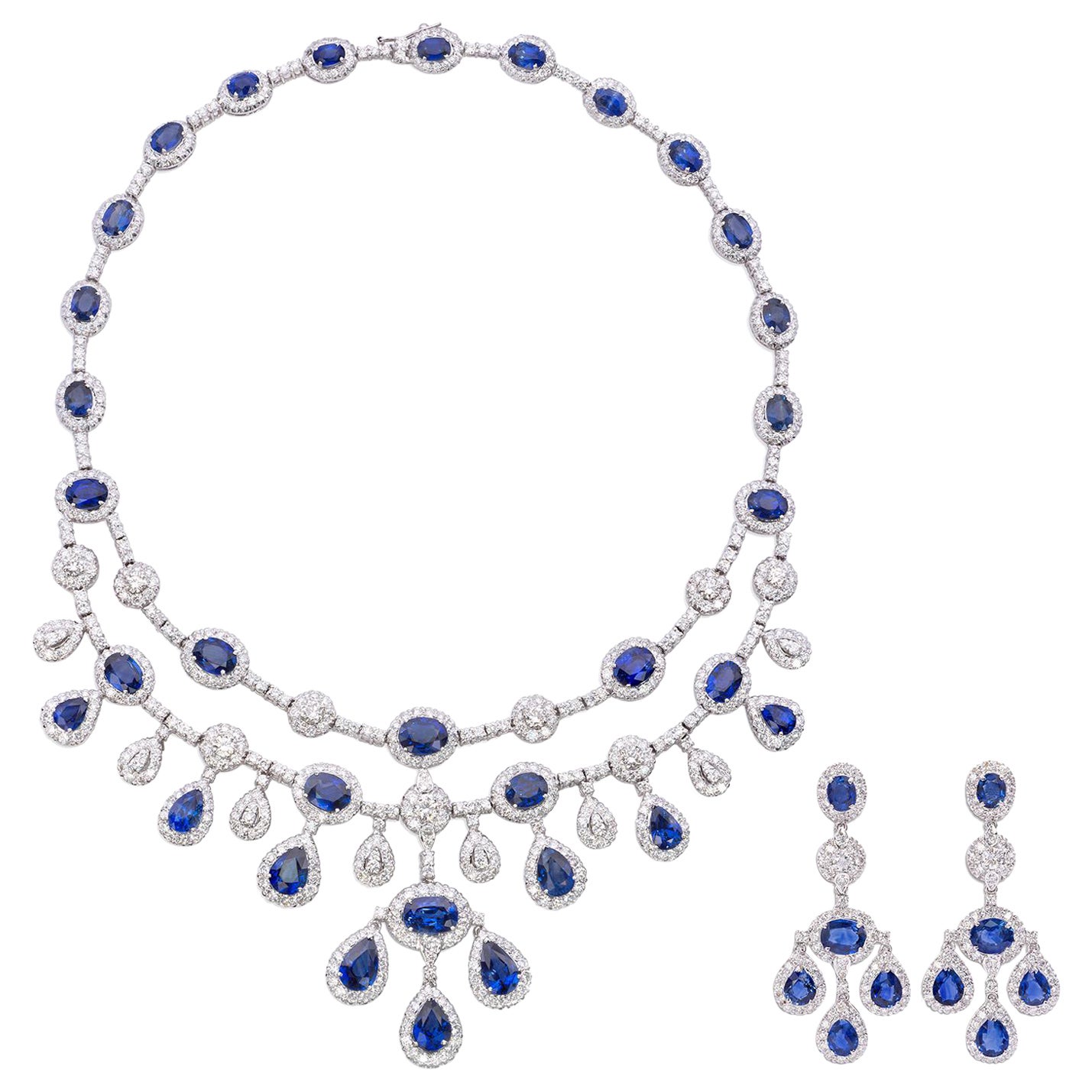 Sapphire Starlight Necklace Set - Unheated Blue Sapphire & Diamond Earrings Set  For Sale