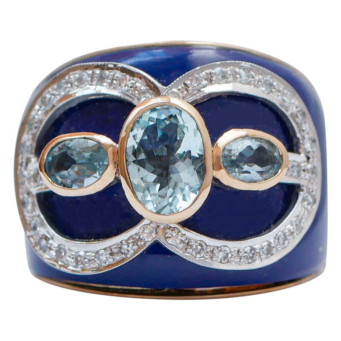 Aquamarine, Lapis, Diamonds, 14 Karat Rose Gold Band Ring. For Sale
