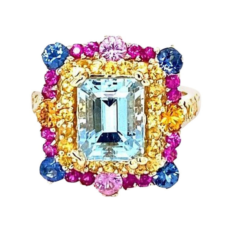 5.09 Carat Aquamarine Sapphire Yellow Gold Cocktail Ring For Sale