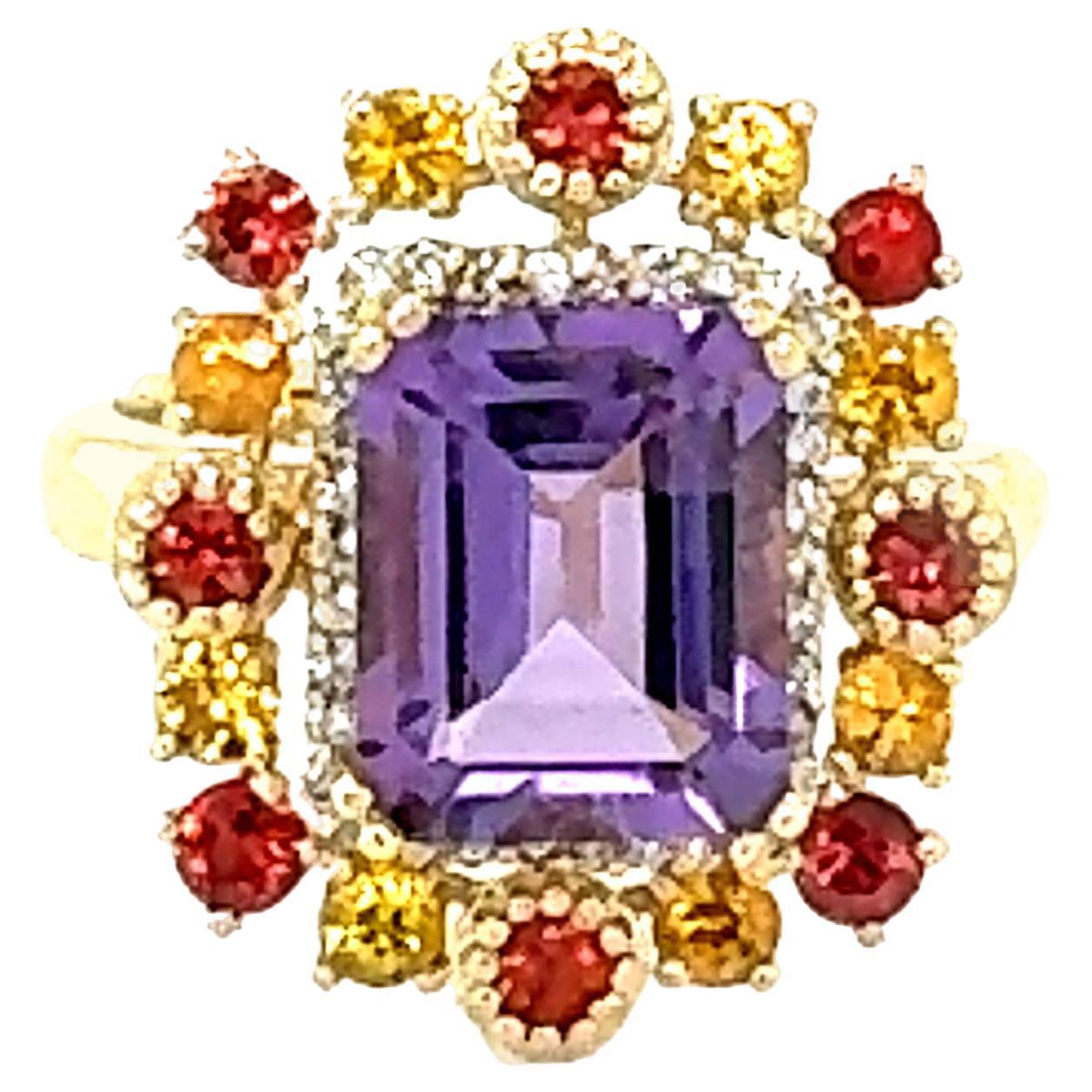 4.31 Carat Natural Amethyst Diamond Sapphire Yellow Gold Cocktail Ring For Sale