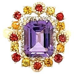 4.31 Karat Natürlicher Amethyst Diamant Saphir Gelbgold Cocktail Ring