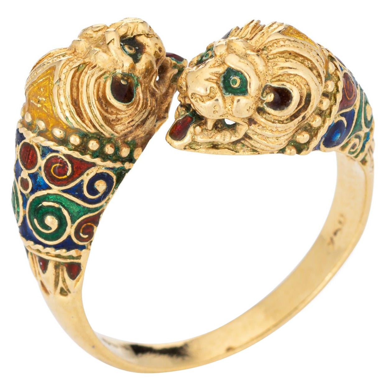 Double Lion Ring Sz 10 18k Yellow Gold Enamel Eyes Bypass Band Animal Jewelry For Sale