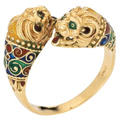 Retro Double Lion Ring Sz 10 18k Yellow Gold Enamel Eyes Bypass Band Animal Jewelry