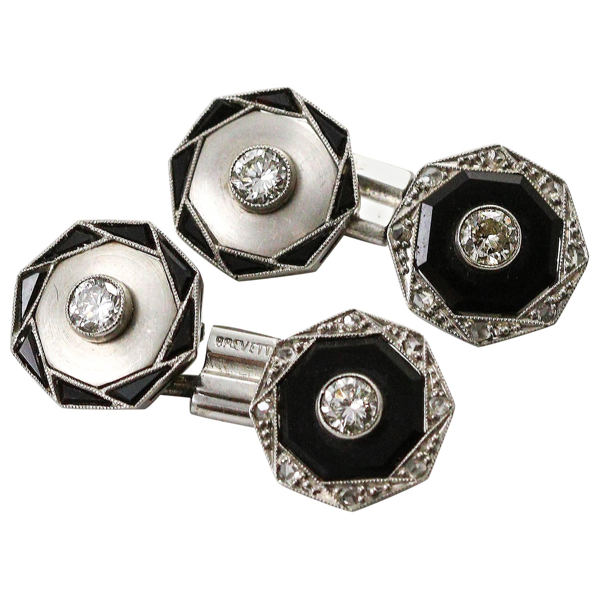 Reversible Brevett Platinum Onyx and Diamond Cufflinks