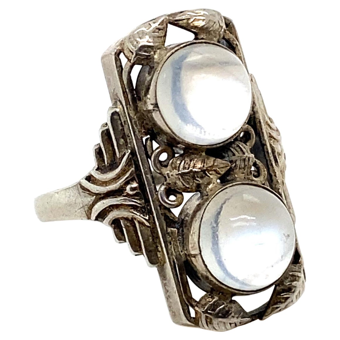 Art Nouveau Style Moonstone Silver Plaque Ring For Sale