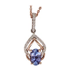 Tanzanite Pendant w Earth Mined Diamonds in Solid 14K Dual Tone Gold Oval 6x4mm