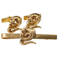 Vintage 1960s Ruby Gold Dragon Motif Cufflinks and Tie Clip