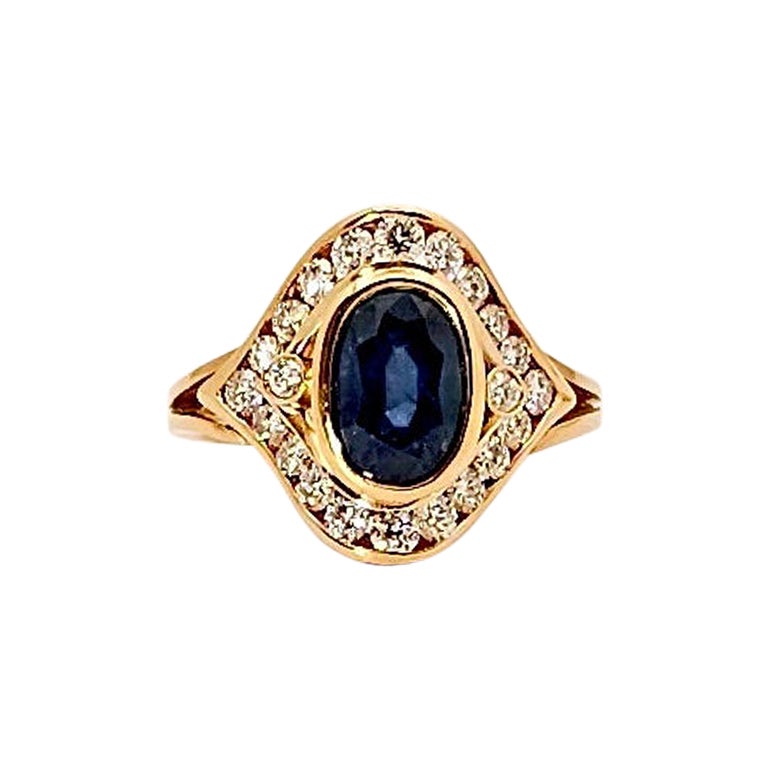 Anello Vintage in Oro Giallo 18Kt, Blauer Zaffiro und Diamanten im Angebot