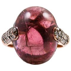 Cabochon Cut Rubellite Tourmaline Diamond Gold Ring 4