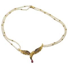 Carrera Y Carrera 18k Yellow Gold Eagle Necklace On Pearls With Ruby and Diamond 9