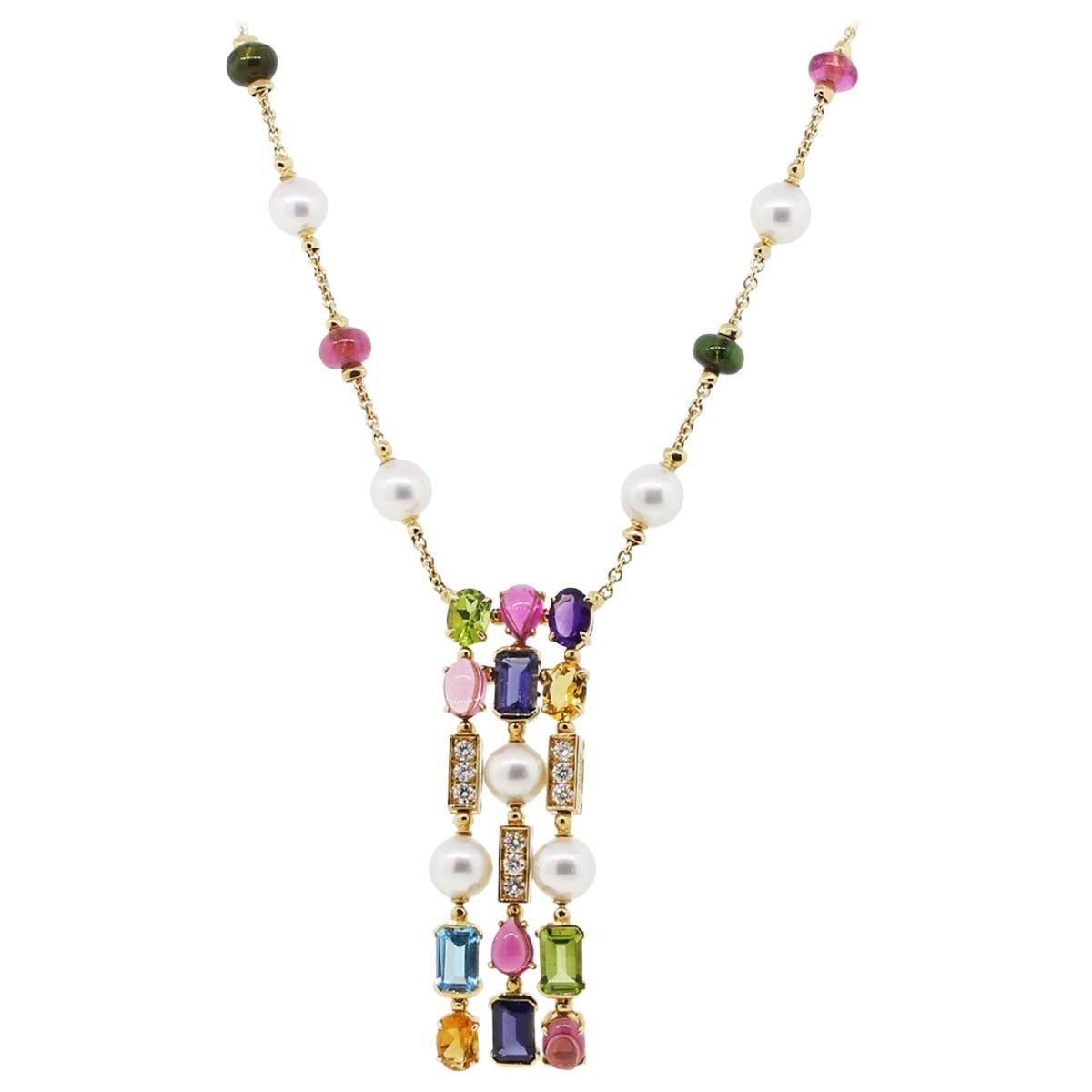 Bulgari Allegra Multicolored Gemstone and Diamond 3 Row Necklace