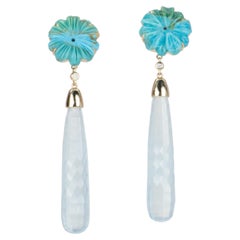 53.24ctw Carved Aquamarine and Turquoise Long Earrings 14K Gold R3130