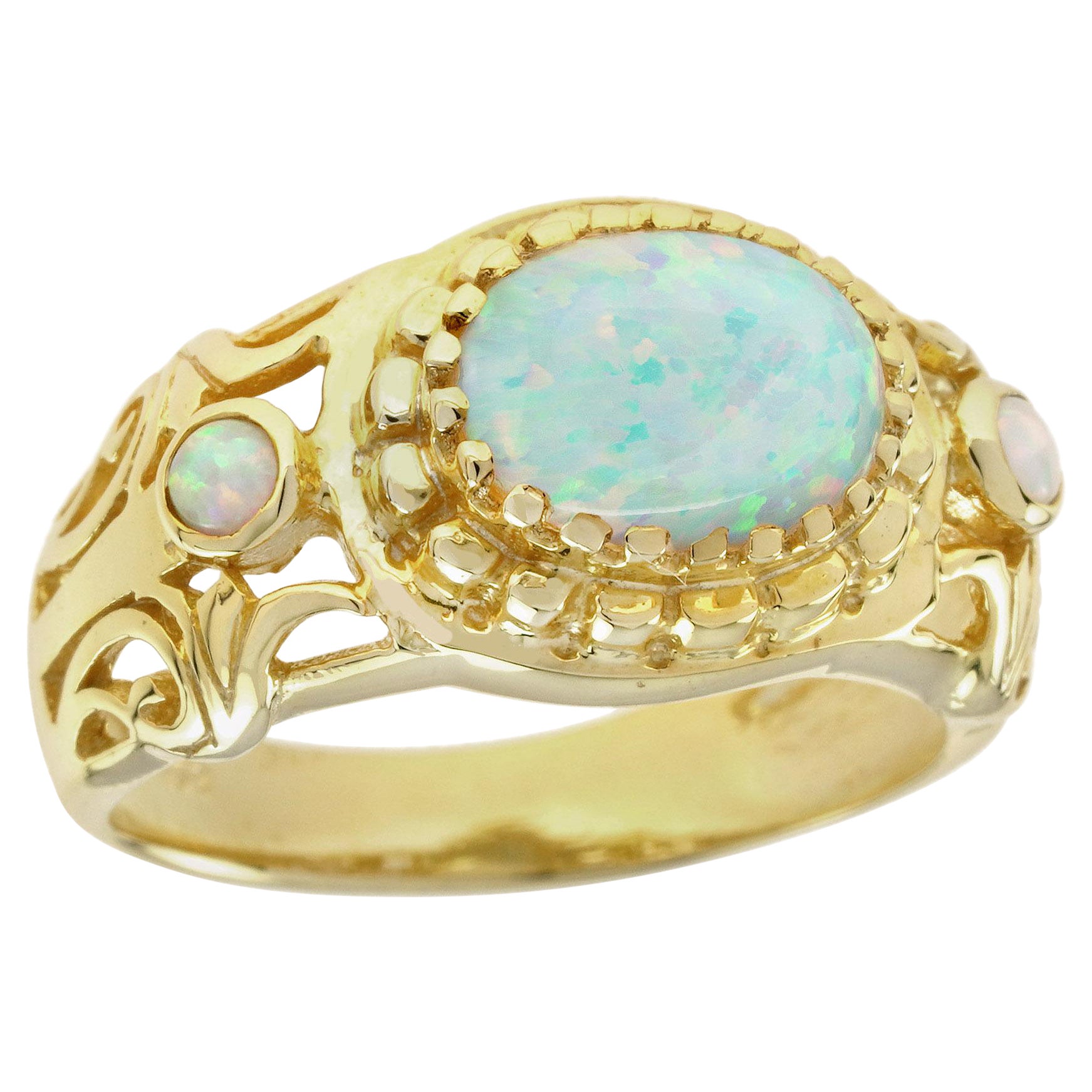 Natural Opal Vintage Style Ring in Solid 9K Yellow Gold For Sale