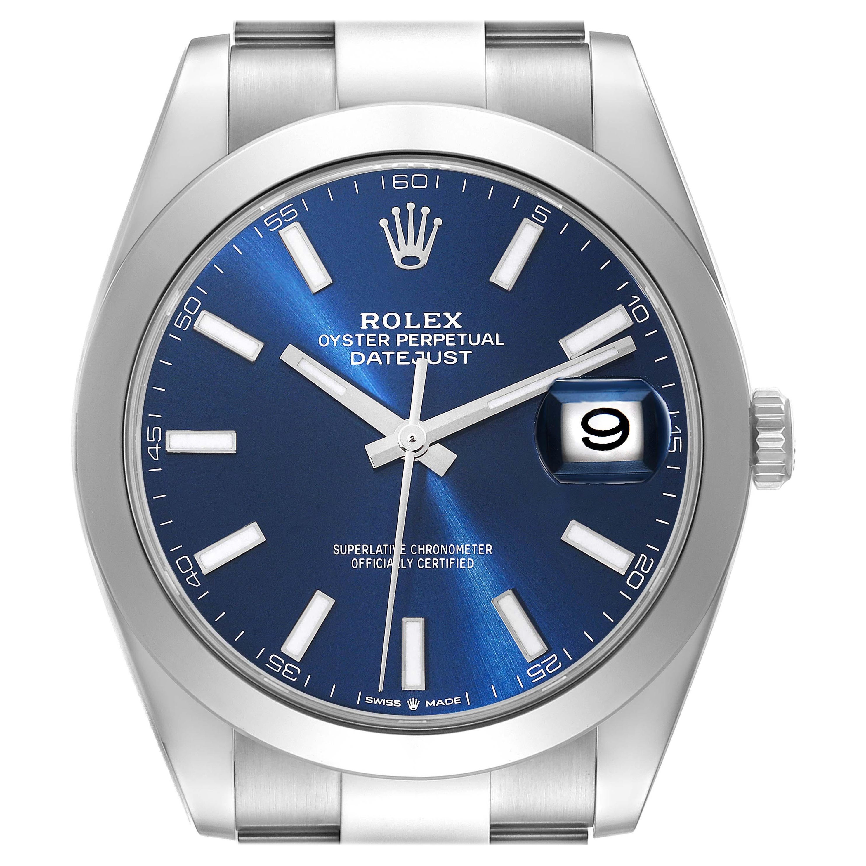 Rolex Datejust 41 Blue Dial Smooth Bezel Steel Mens Watch 126300 Box Card For Sale