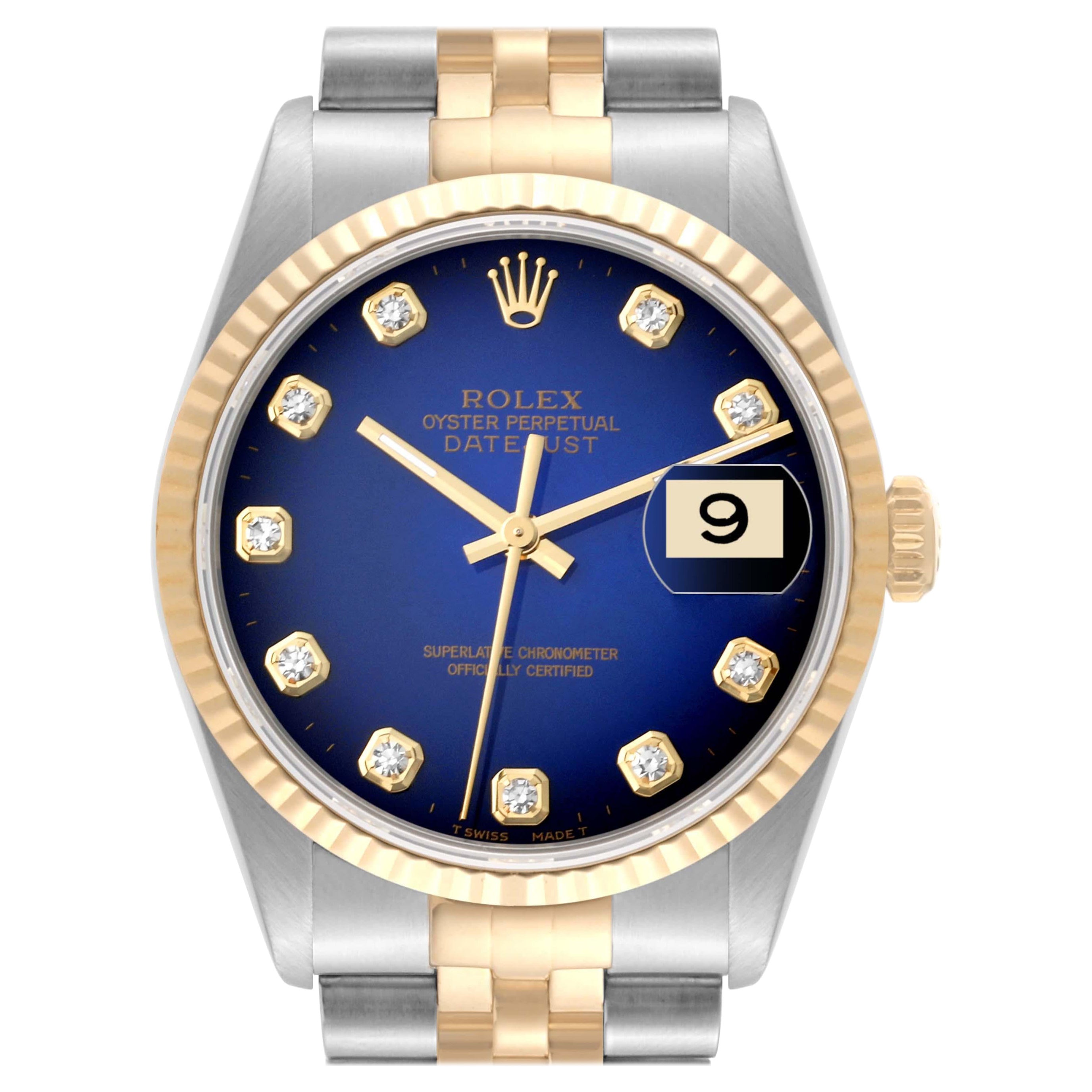 Rolex Datejust Blue Vignette Diamond Dial Steel Yellow Gold Mens Watch 16233 en vente