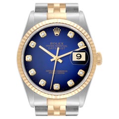 Vintage Rolex Datejust Blue Vignette Diamond Dial Steel Yellow Gold Mens Watch 16233