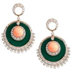 Coral Onyx Diamond Gold 4 Carat Chandelier Earrings 6