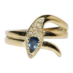Vintage Circa 1970s 18k Gold Natural Diamond And Sapphire Decorated Snake Ring