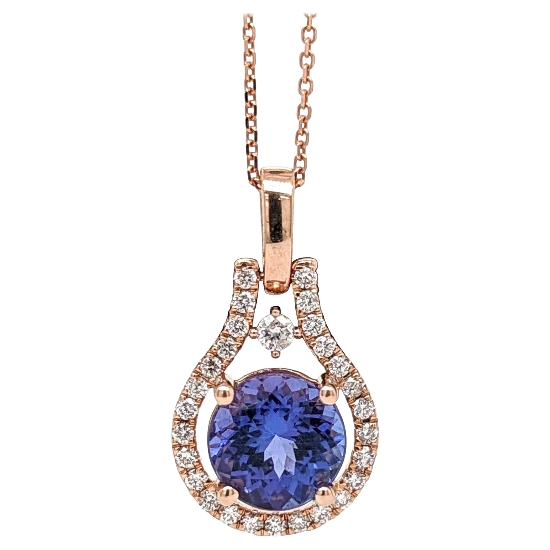 1.6ct Tanzanite Pendant w Earth Mined Diamonds in Solid 14K Rose Gold Round 8mm
