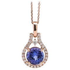 1.6ct Tanzanite Pendant w Earth Mined Diamonds in Solid 14K Rose Gold Round 8mm
